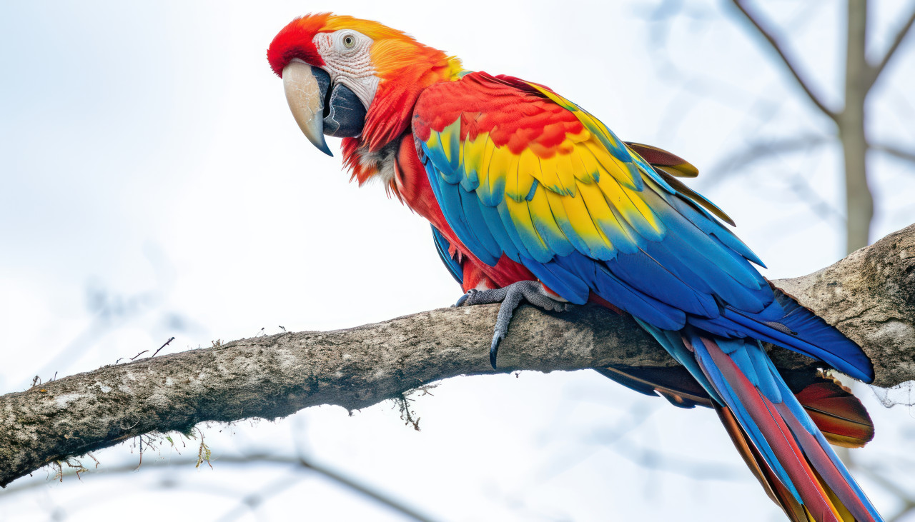 A close up view of a macaw gracefully perched on a tree branch, baby animals concept