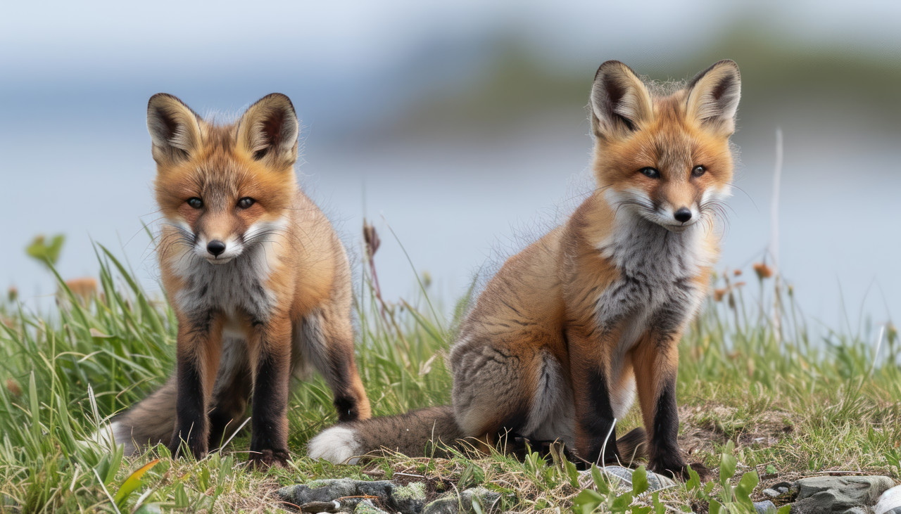 Playful kit foxes enjoying the grassy surroundings by the water, baby animals concept