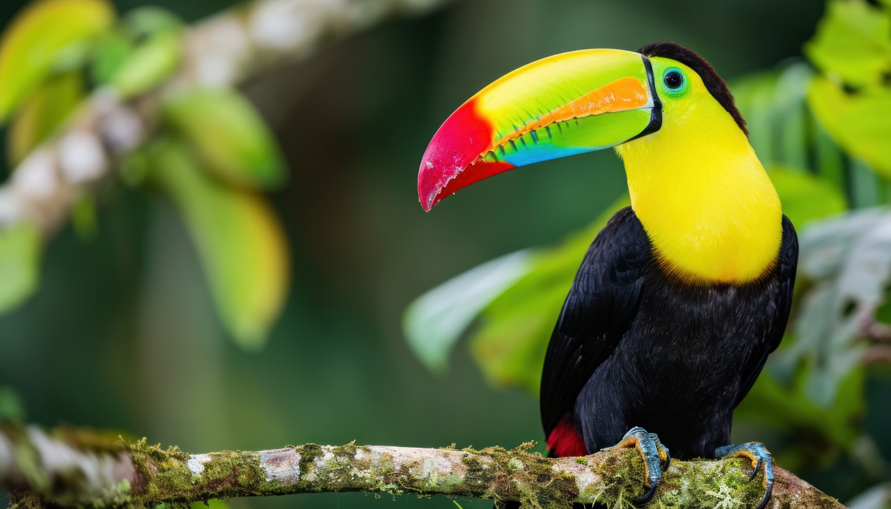 Wild keel billed toucan showcasing its vivid colors while perched in a natural setting surrounded by vibrant foliage, baby animals photo
