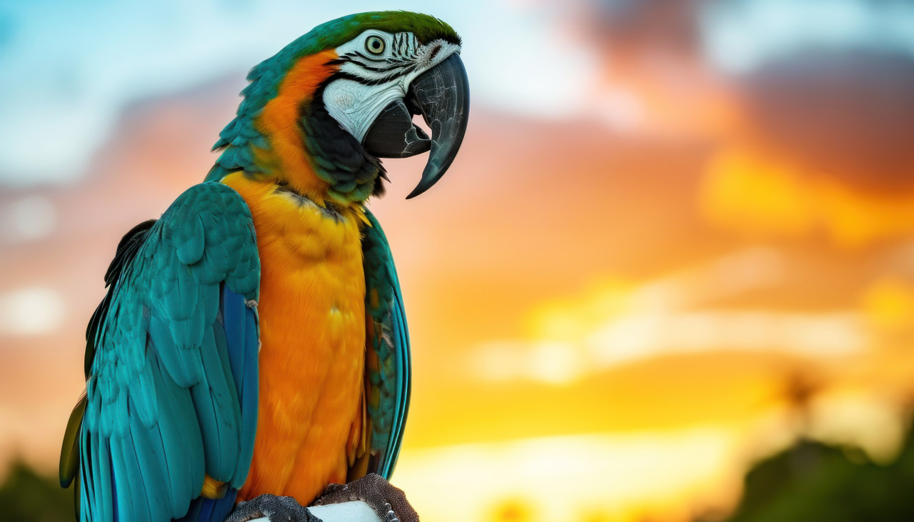 A breathtaking macaw parrot against a sunset sky, baby animals concept