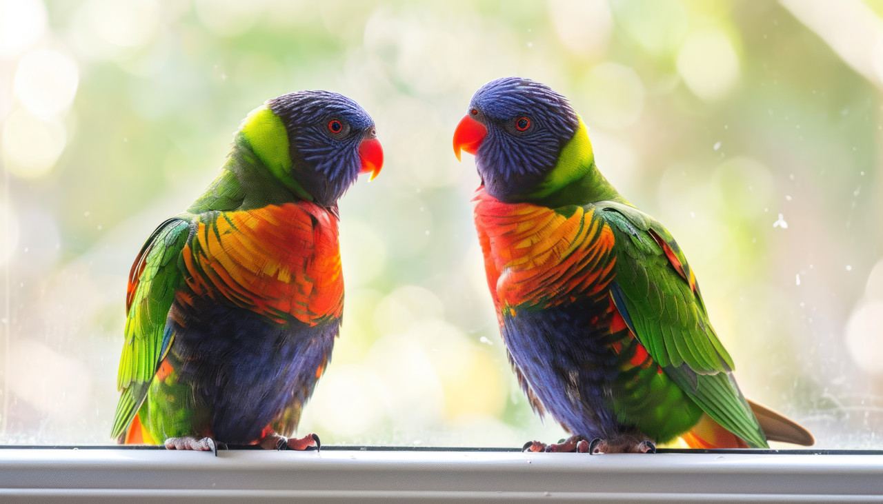 Two vibrant lorikeets sitting by a window, baby animals concept