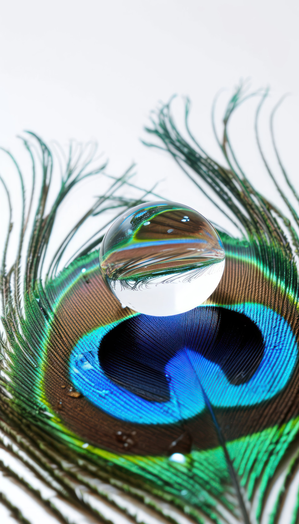 Shimmering water droplet enhances the beauty of a peacock feather, baby animals concept