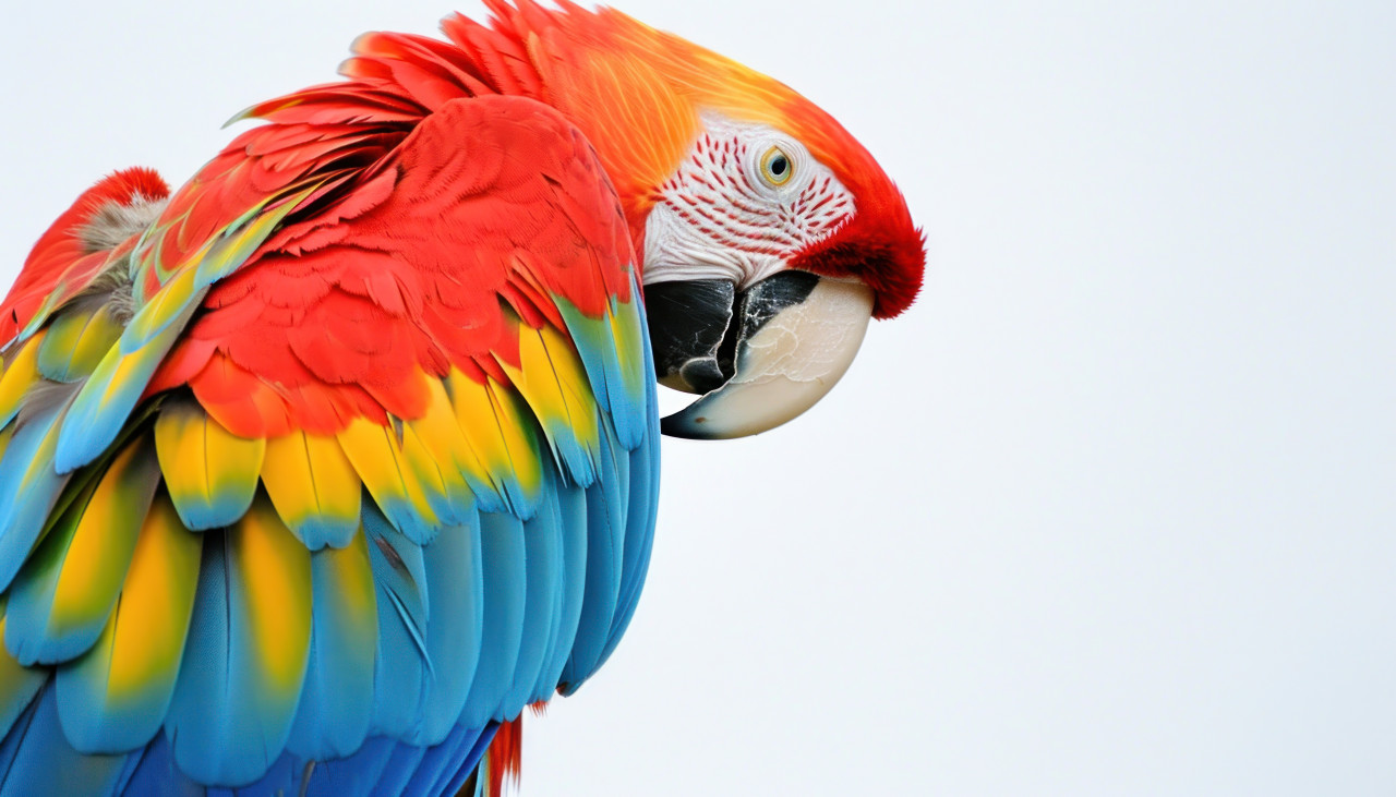 A close up view of the vivid and colorful feathers of a green winged macaw, baby animals photo