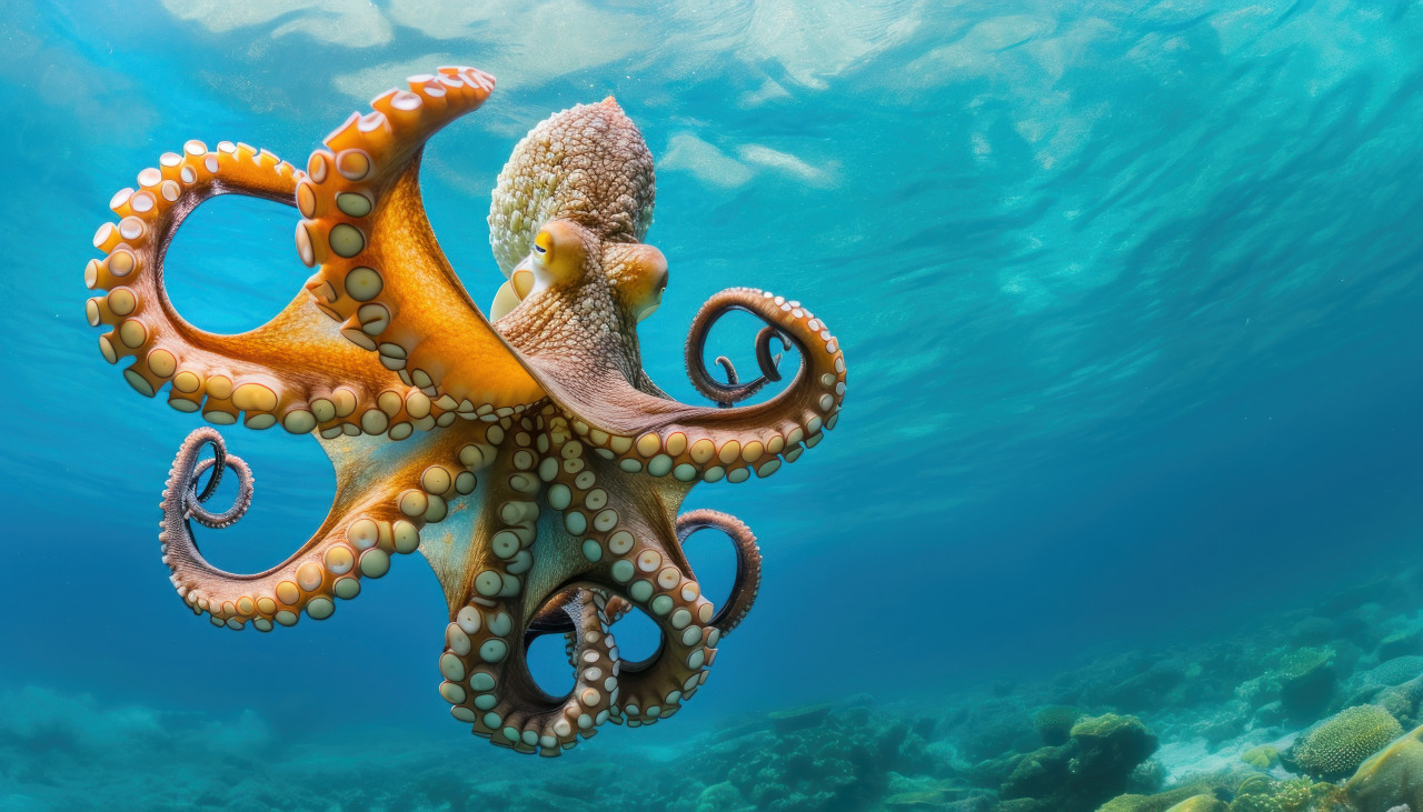A reef octopus glides through the blue ocean, underwater marine life concept