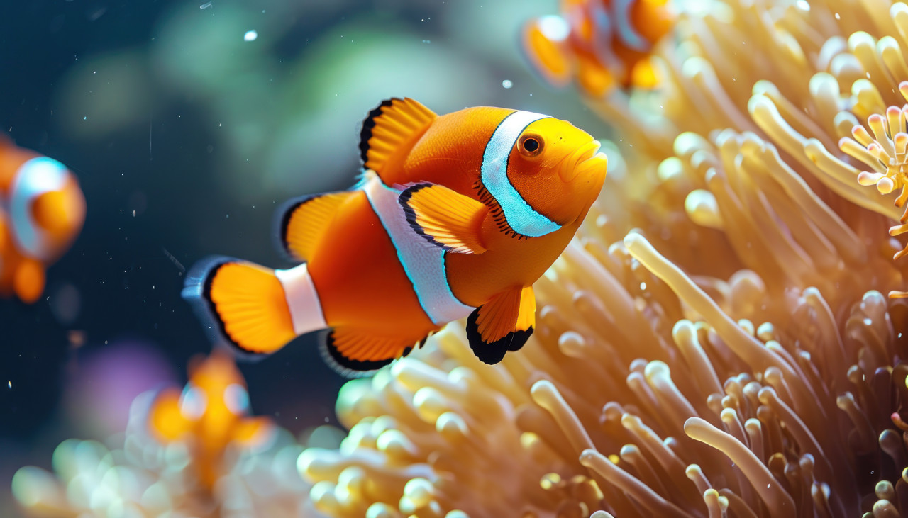 A vibrant shoal of clown fish gracefully navigating through their coral habitat in an underwater spectacle, underwater marine life photo