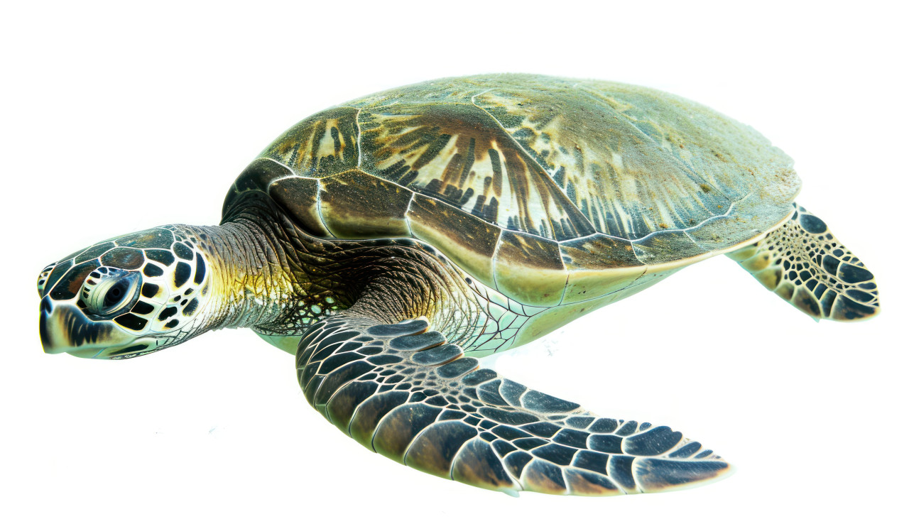 Serene scene of a green sea turtle gliding through calm waters on a white background, underwater marine life concept