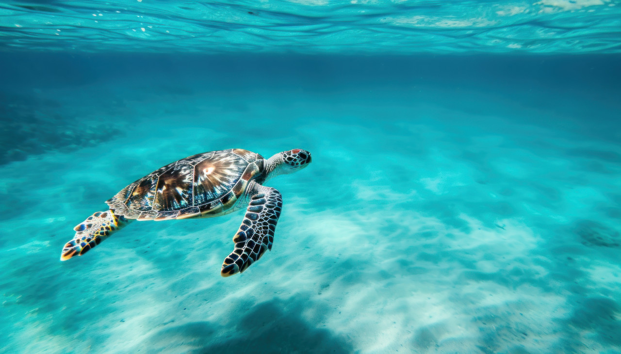 Turtle soaring through the ocean wings spread wide a magical sight of freedom and joy, underwater marine life photo