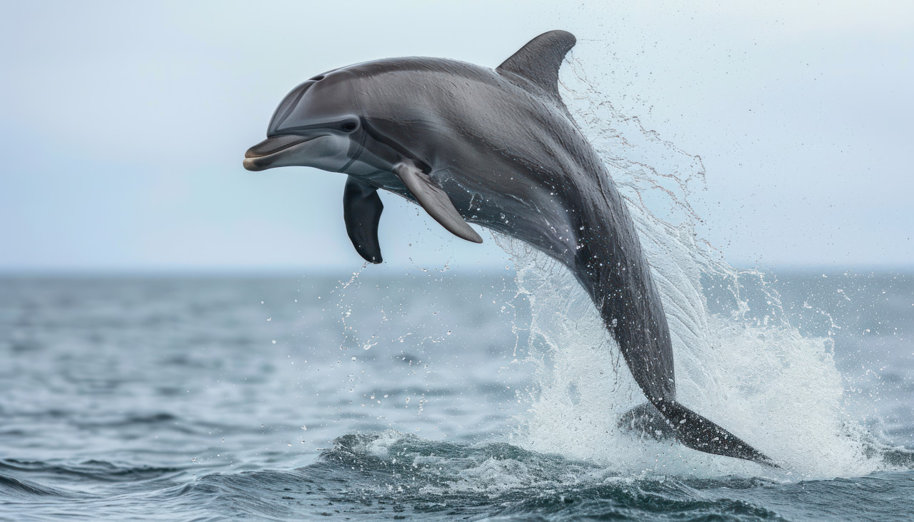 A bottle nosed dolphin exhibits pure joy as it gracefully leaps out of the water, underwater marine life concept