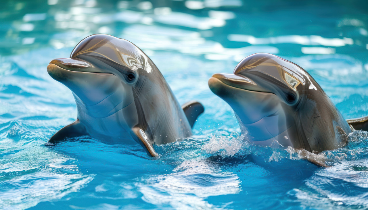 A pair of dolphins playfully navigate the serene blue waters, underwater marine life photo