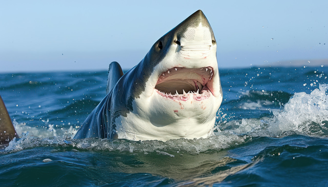 Massive great white shark surfaces off the coast, underwater marine life concept
