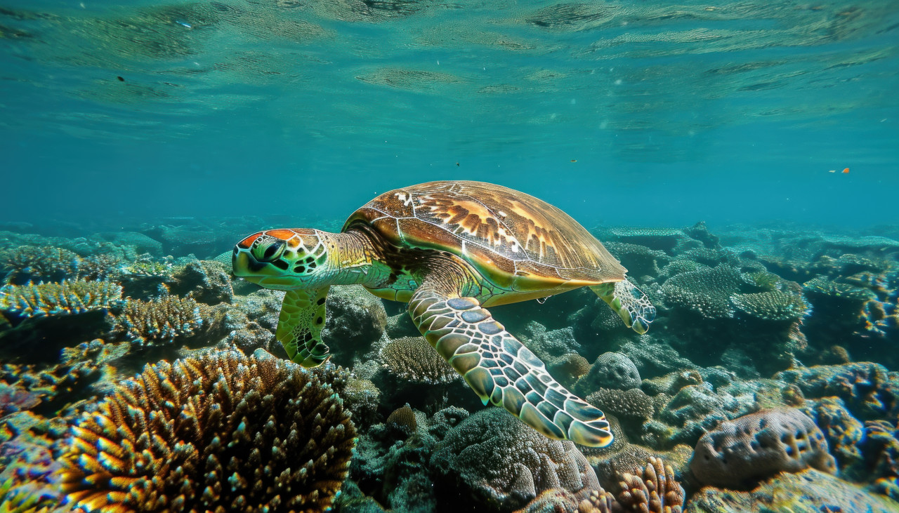 Dive into the beauty of a coral reef with a mesmerizing green turtle, underwater marine life concept