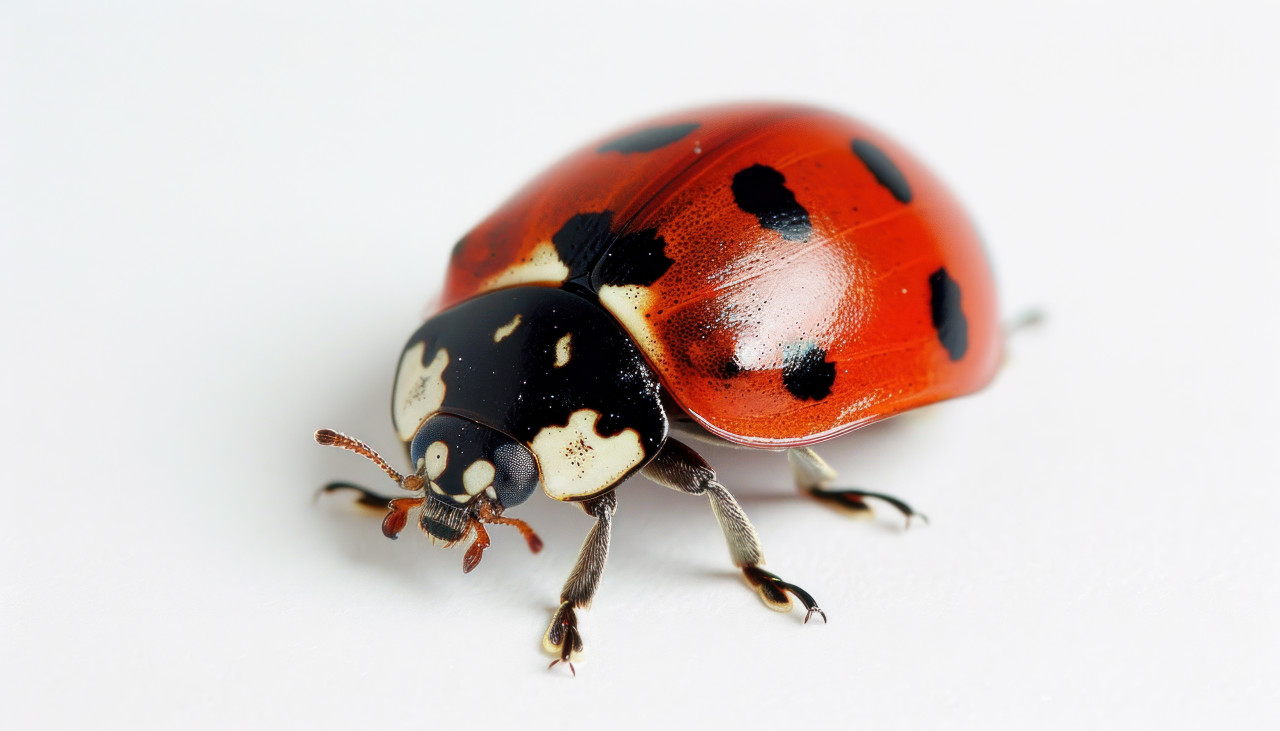 Red ladybug on a white surface showcasing vibrant colors and unique spots in close up view, insects and butterflies picture