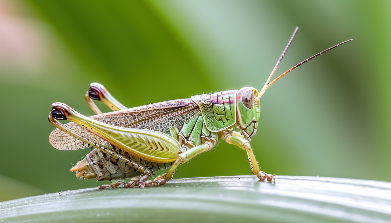A grasshopper calmly sitting on a single blade, insects and butterflies photo