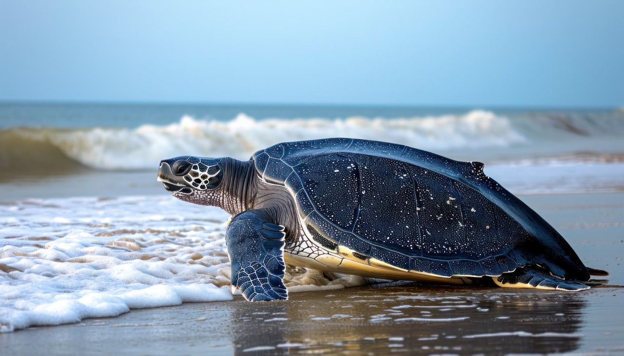 A magnificent leatherback turtle making its way back to the sea post nesting on grande riviere beach, underwater marine life concept