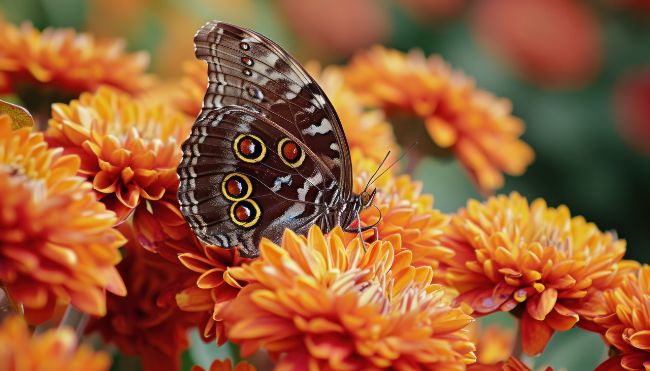 Inachis io butterfly showcasing mesmerizing eyespots while perched on stunning orange mums in a garden, insects and butterflies photo