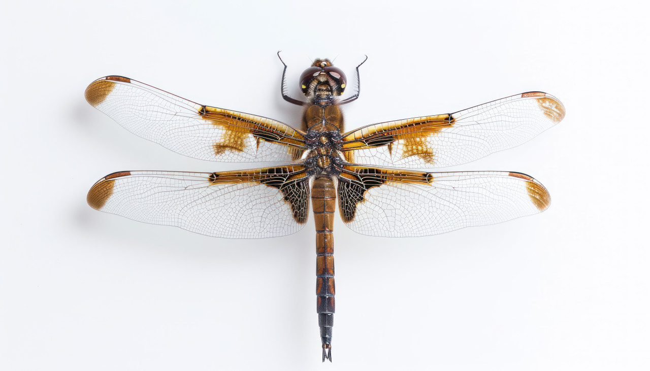 A vibrant dragonfly resting gracefully against a pristine white backdrop, insects and butterflies concept