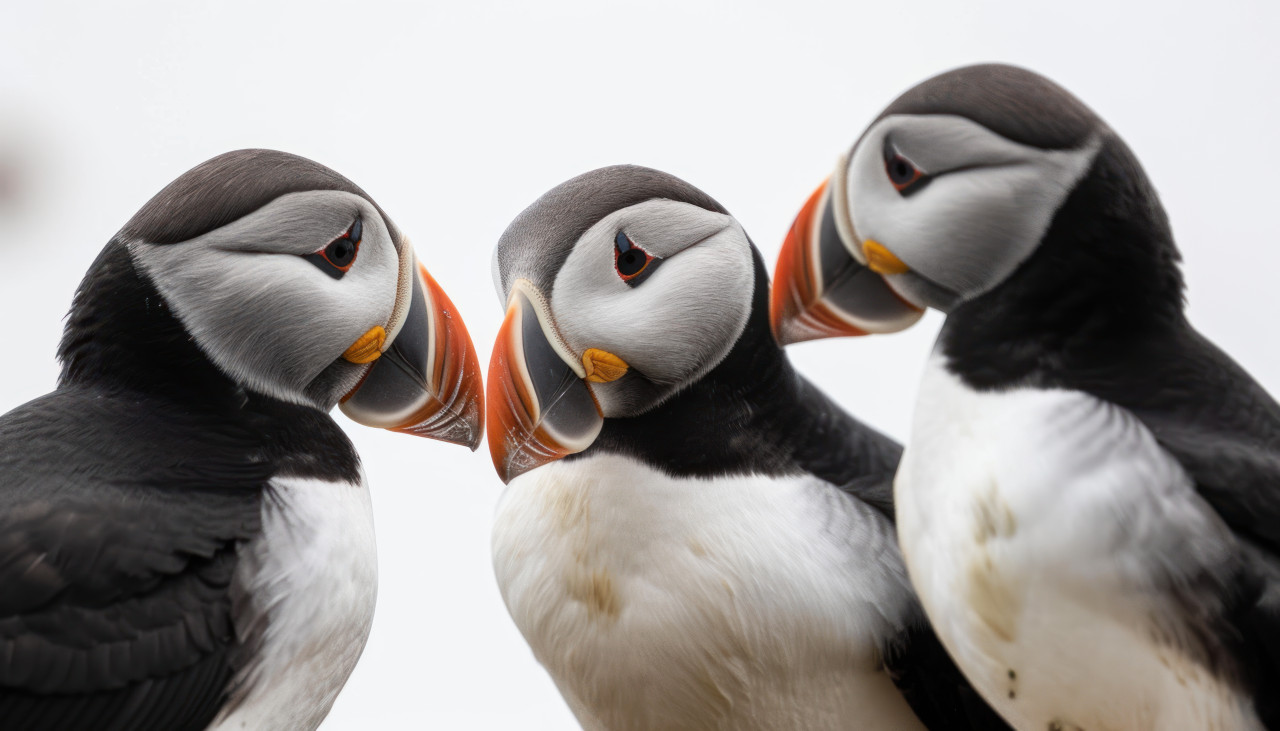 A charming scene on skomer island as three puffins gather closely, rare species photo