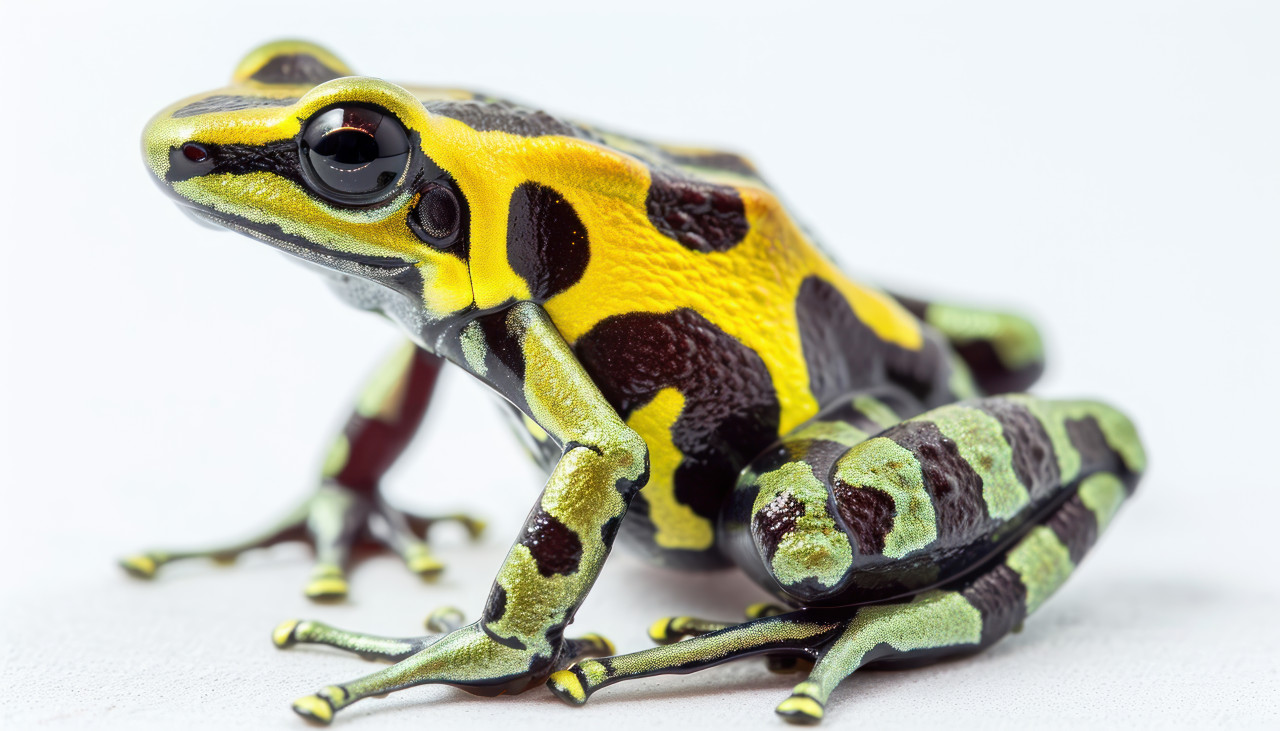 A detailed view of a yellow banded poison arrow frog, rare species concept