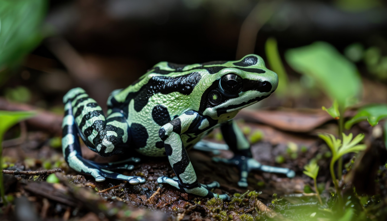Vibrant green and black poison frog at ease on the forest floor, rare species concept