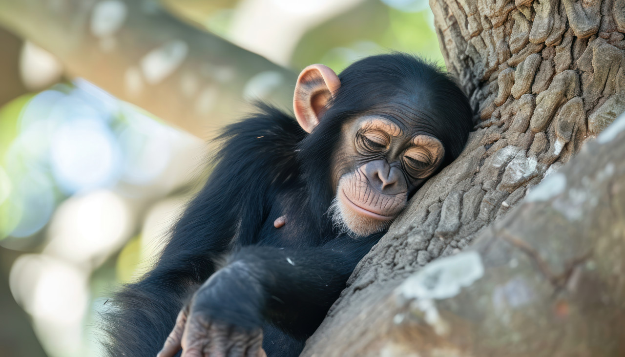 A young chimpanzee rests comfortably in a tree, rare species photo