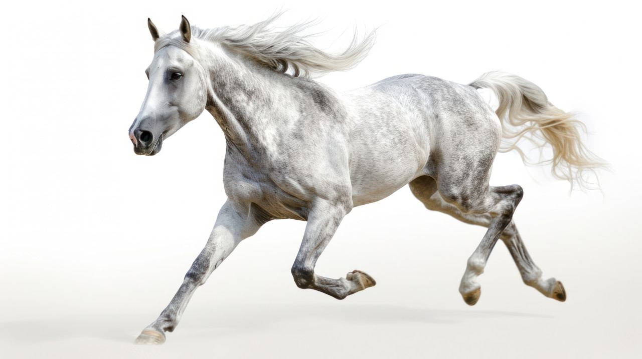 A powerful gray stallion in full gallo, horses photo