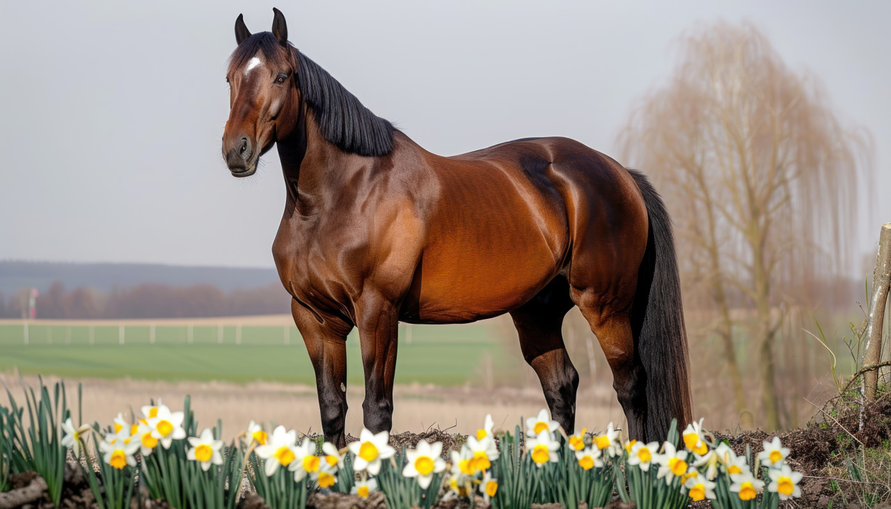 A regal thoroughbred stallion with brown hair poses gracefully in a countryside setting among vibrant daffodils, horses concept