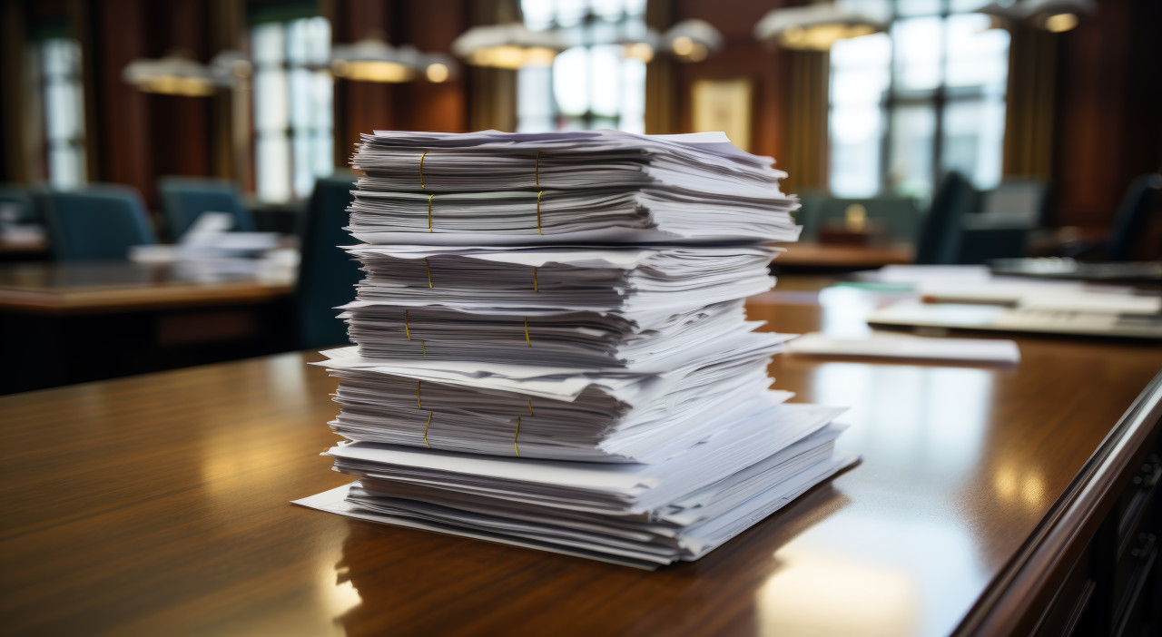 Papers neatly stacked on a desk, education paperwork concept