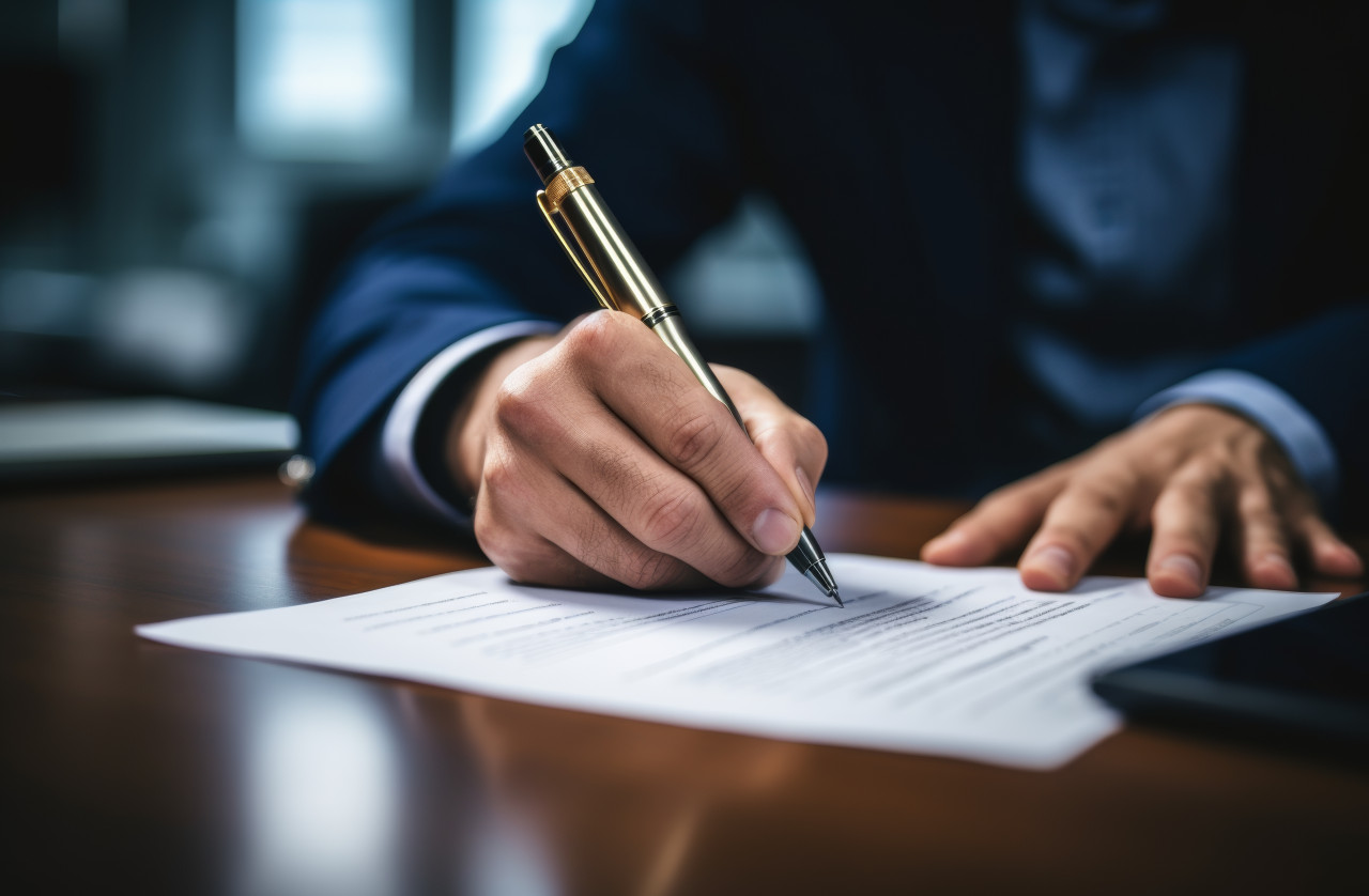 A pen is held in a hand writing on a document, forming a handwritten note or signature on paper, corporate paper reports concept