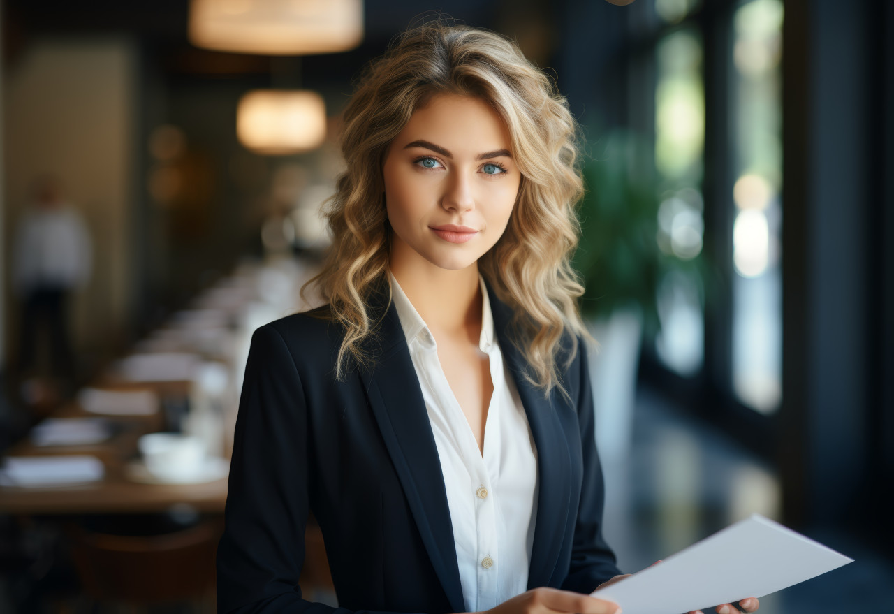 With pen in hand a woman is set to use paper for notes or sketches, corporate paper reports concept