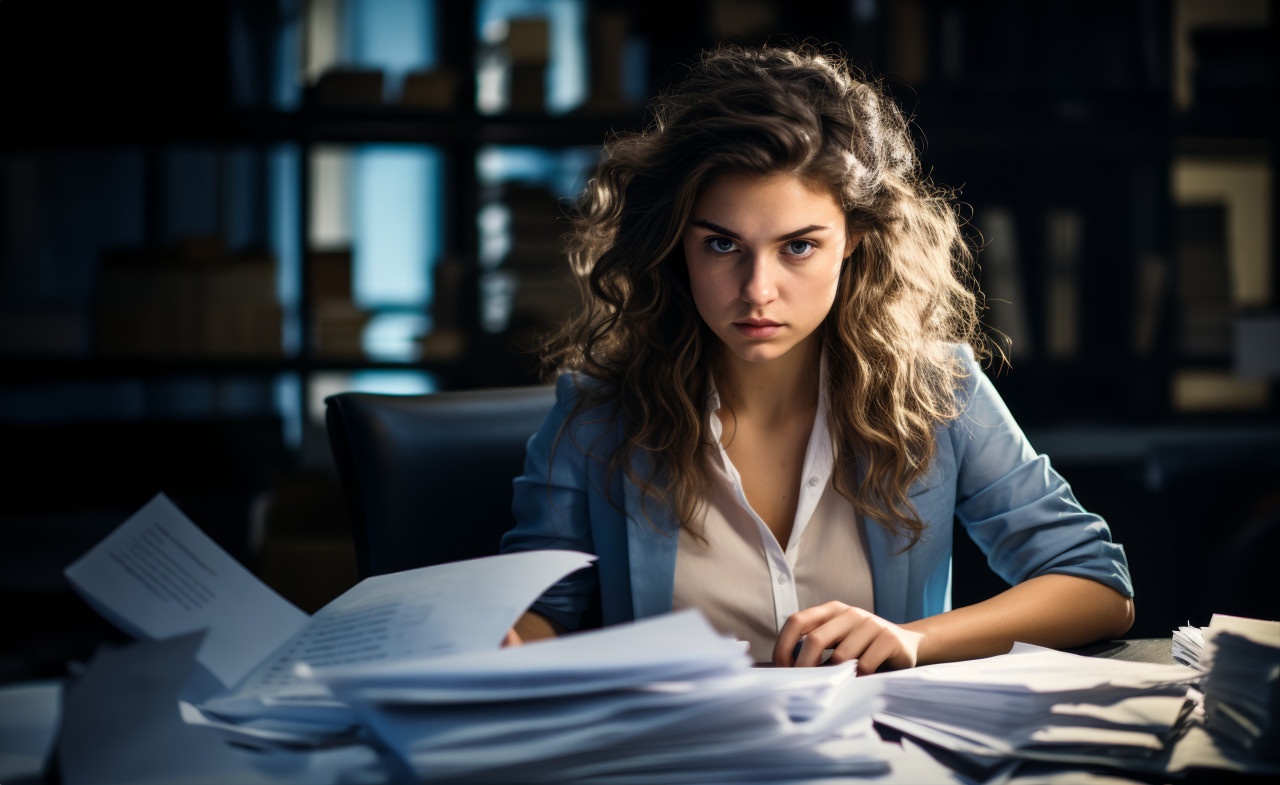 A woman sits at her desk engrossed in paperwork showcasing dedication and concentration in her work, corporate paper reports concept