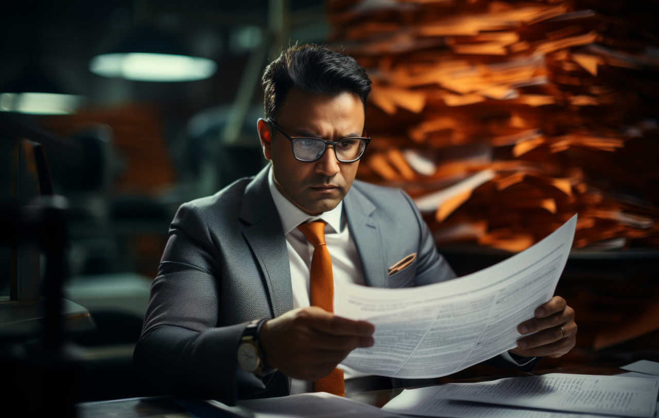 An indian businessman engrossed in reading important papers, corporate paper reports concept