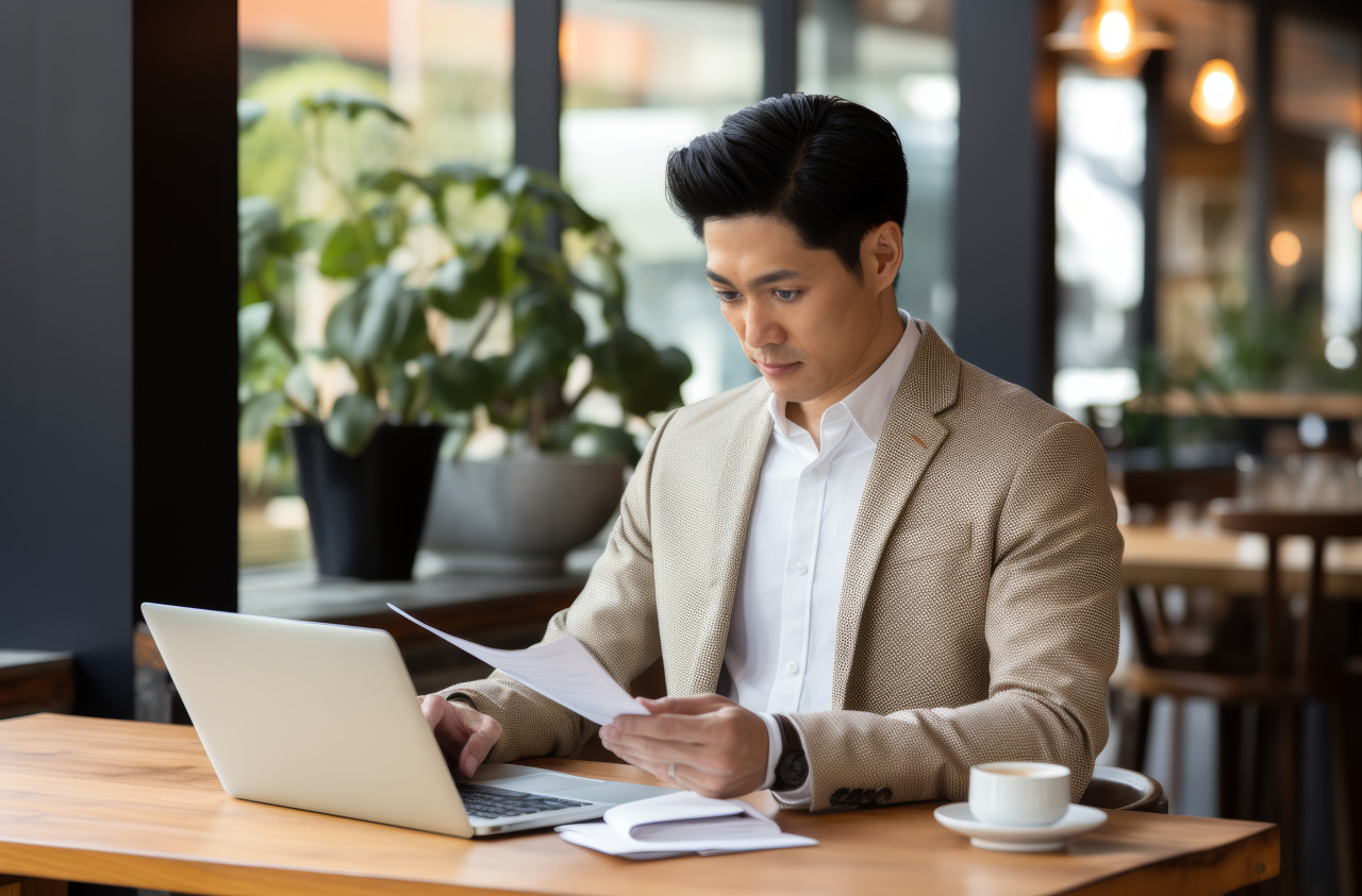 An asian man multitasking with a laptop and documents in hand, corporate paper reports photo