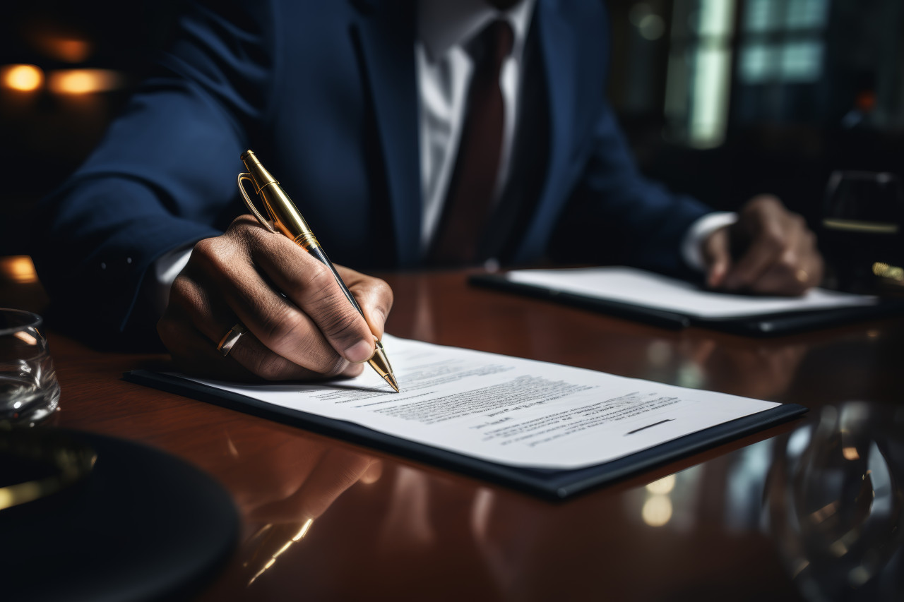 Someone finalizing a real estate contract by signing the necessary paperwork, home loan paperwork photo