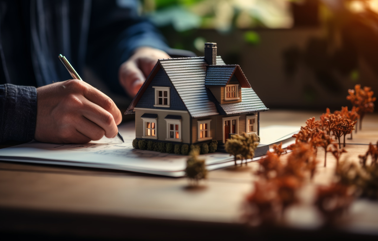 Someone writes a note by a house, home loan paperwork concept