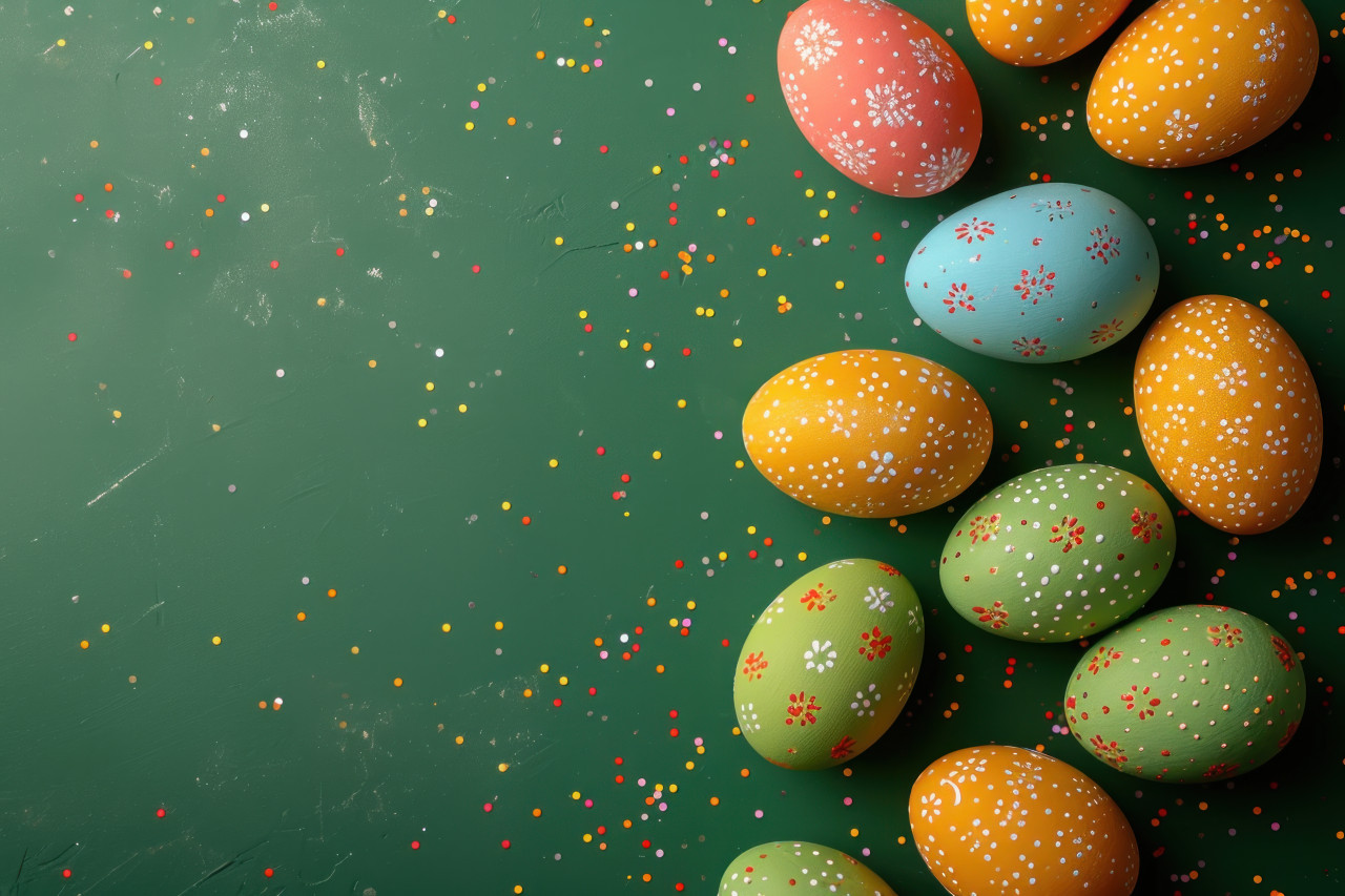 Colorful easter eggs arranged on green background, easter eggs image