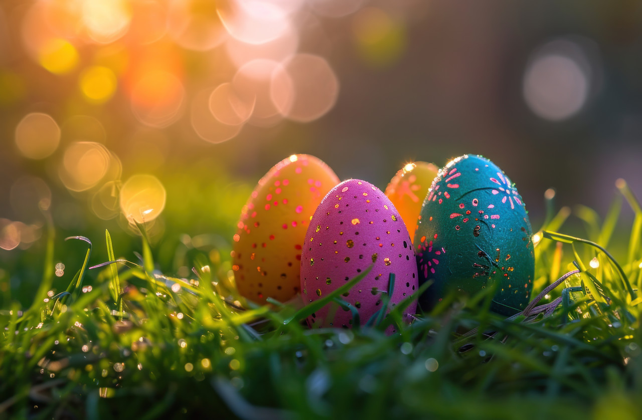 Colorful easter eggs placed in the grass next to a sunrise, easter eggs image
