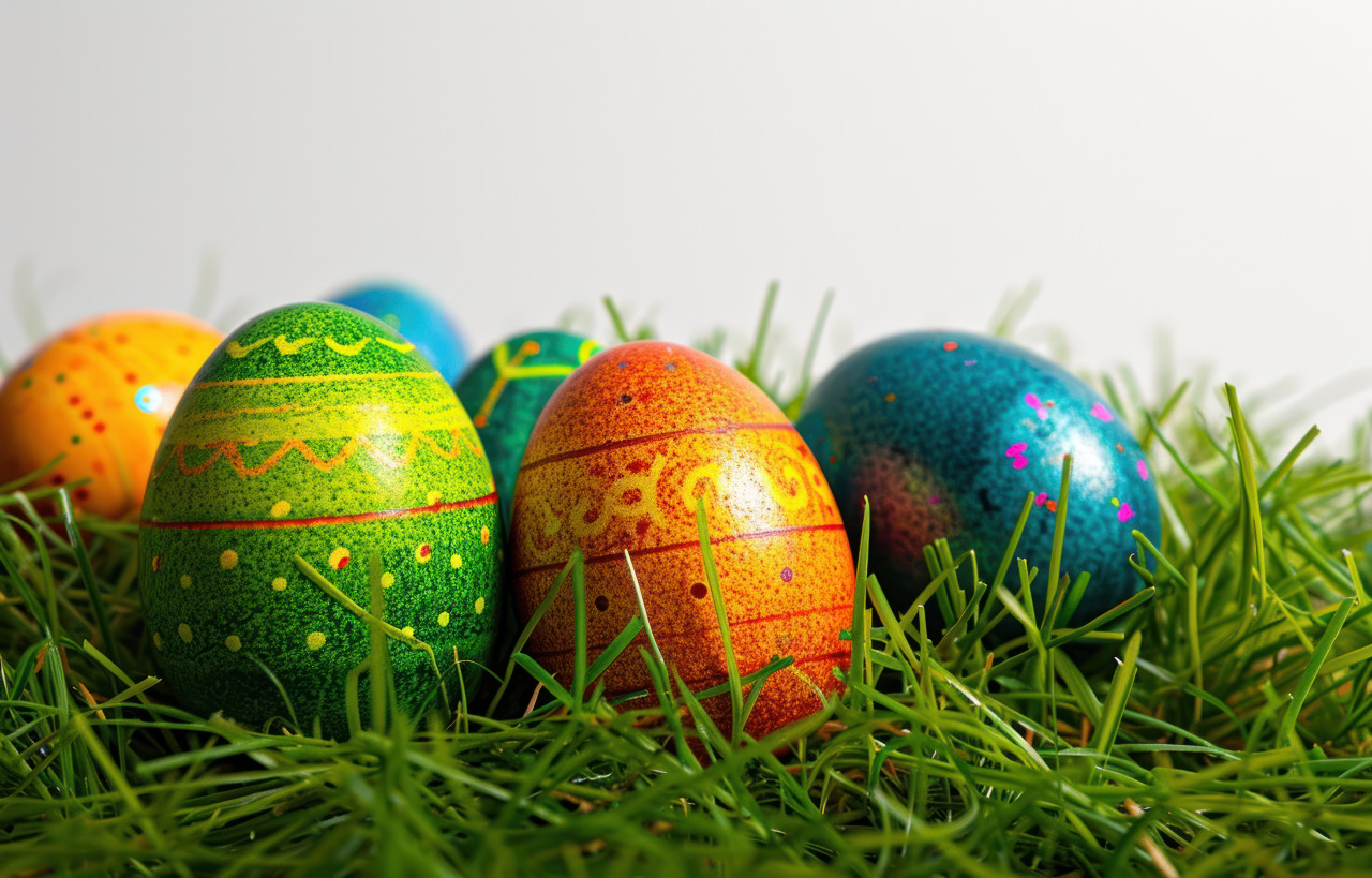 Vibrant easter eggs resting on grass against a white backdrop, easter eggs concept