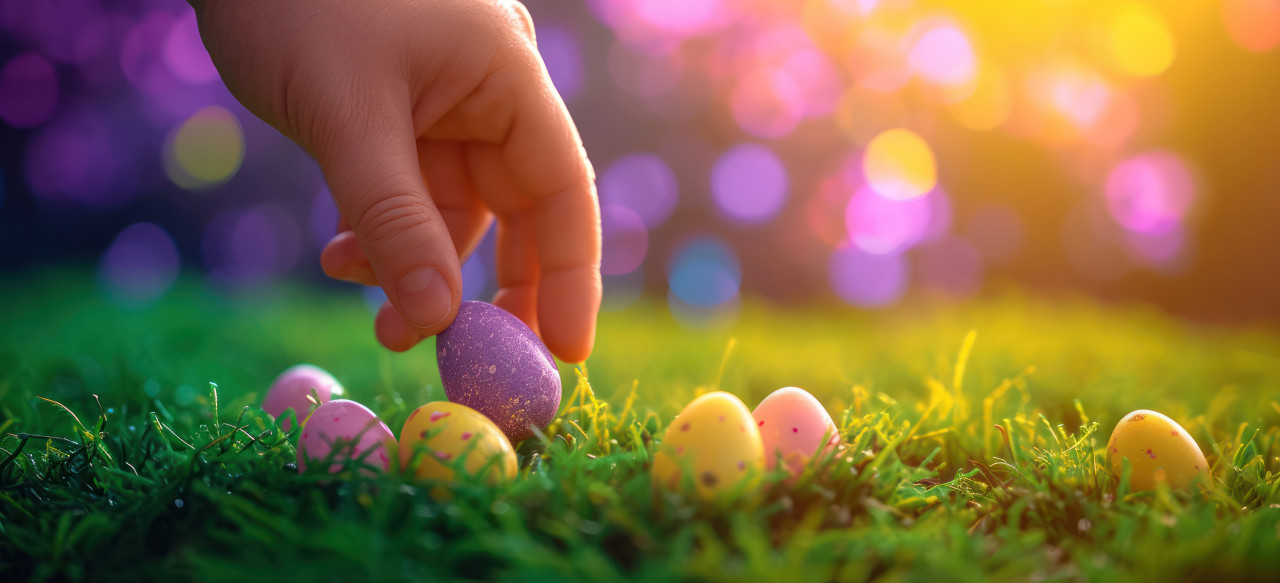 Hand picking up colorful easter eggs on grass, easter egg hunt concept