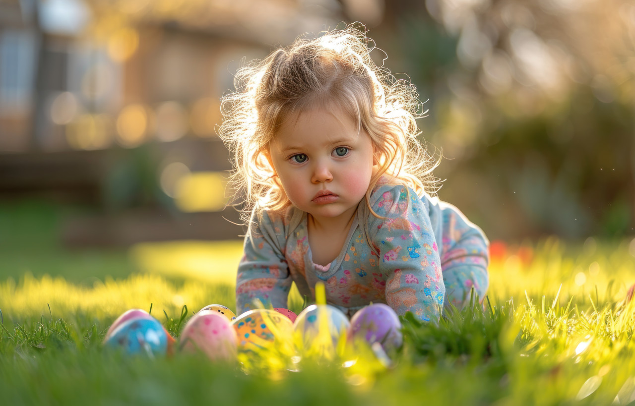 Youngster enjoying outdoor play with easter eggs on green grass, easter egg hunt photo