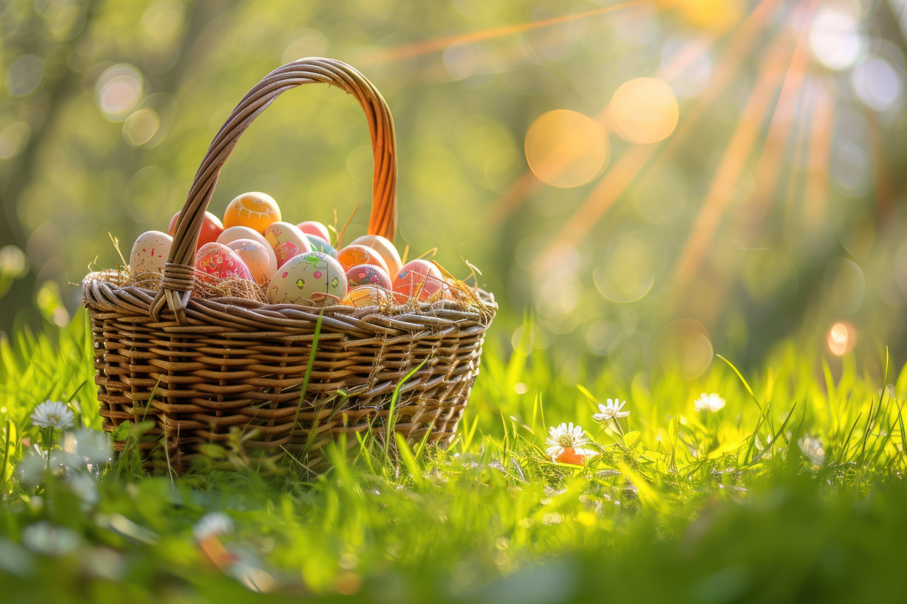 Easter eggs arranged in a wicker basket on the green grass, easter baskets concept