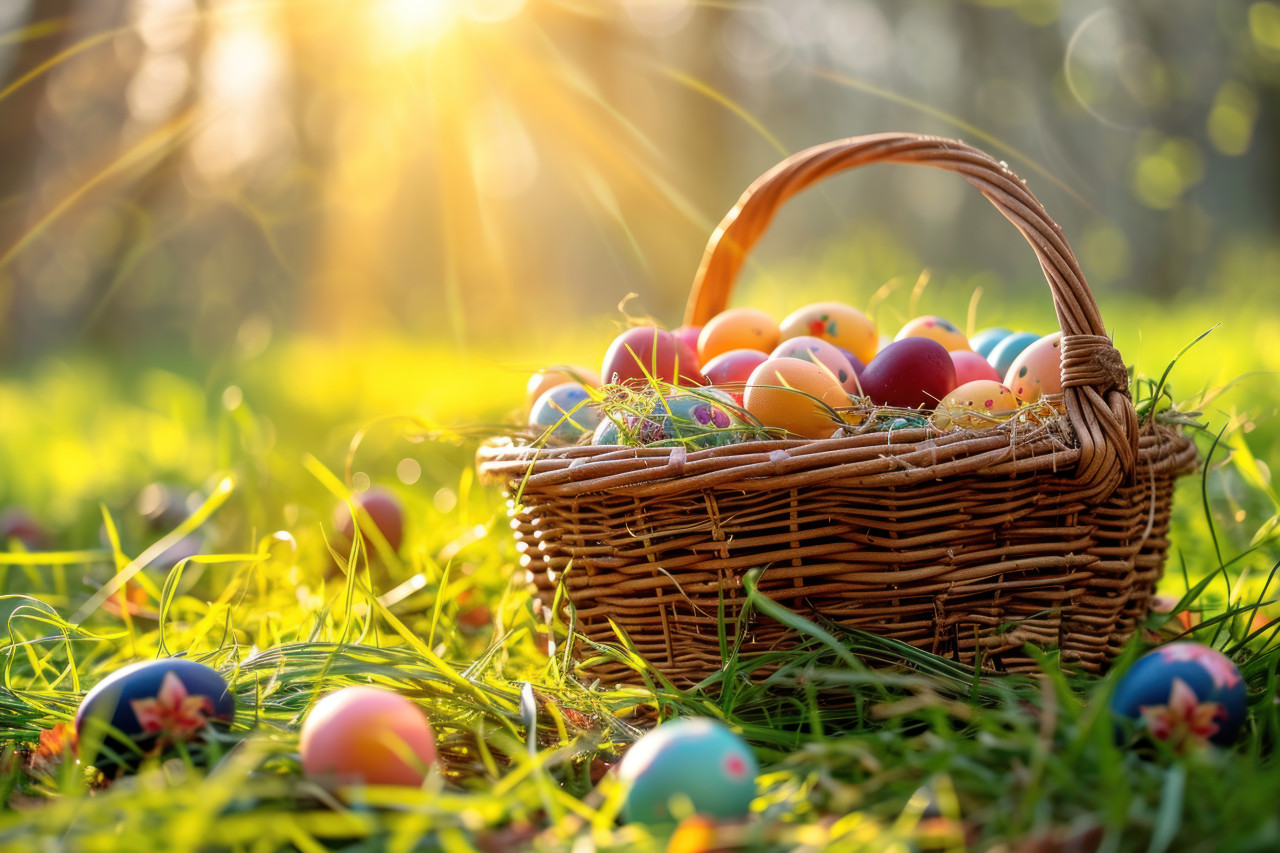 Wicker basket filled with colorful easter eggs sitting in the grass, easter baskets picture