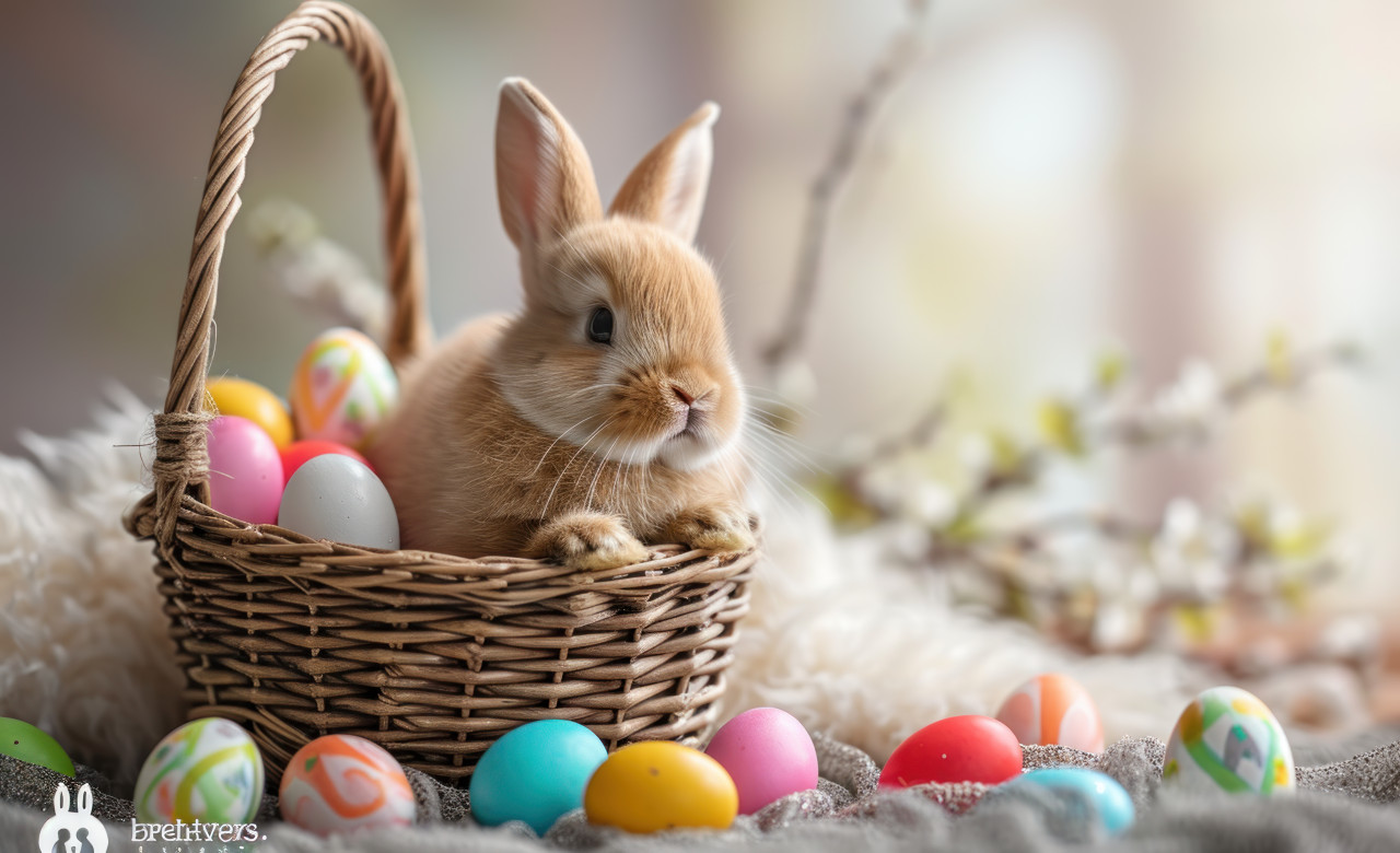 Cute bunny sitting in basket with colorful eggs, easter bunny image