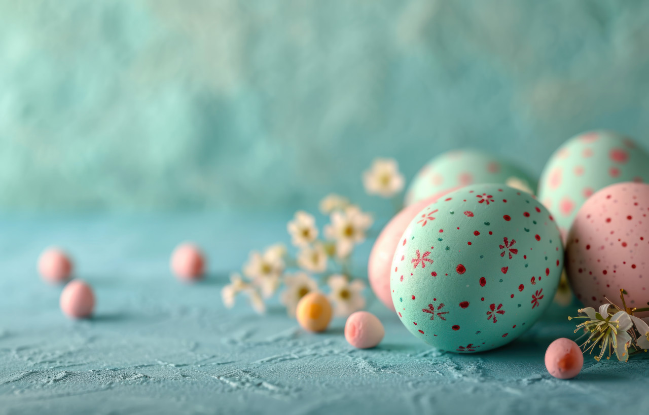 Easter egg arrangement on a blue surface, easter decorations concept