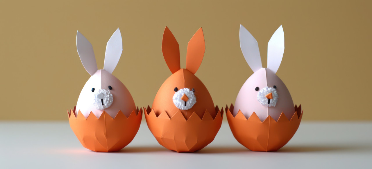 Three paper easter eggs featuring cute bunny heads, easter decorations photo