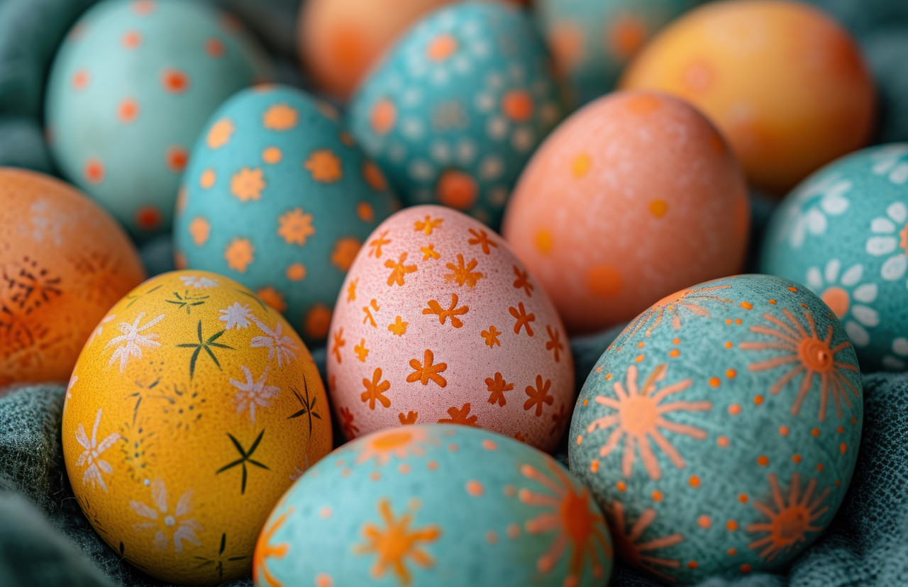 Colorful easter eggs with various patterns, easter decorations concept