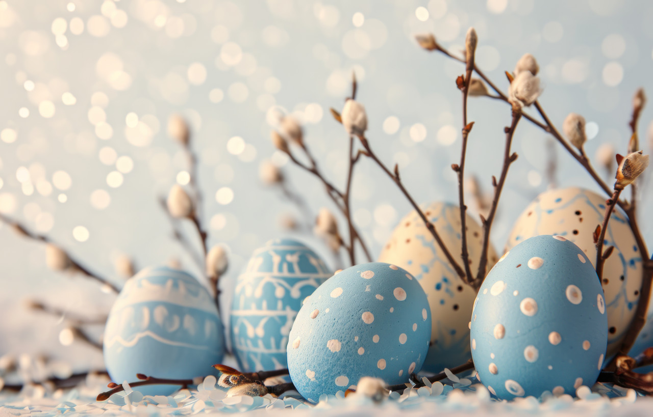 Blue and white easter eggs with branches and buds a festive and colorful celebration, easter decorations concept