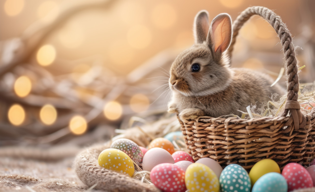 Adorable bunny sits in a basket with vibrant colored eggs, easter bunny photo