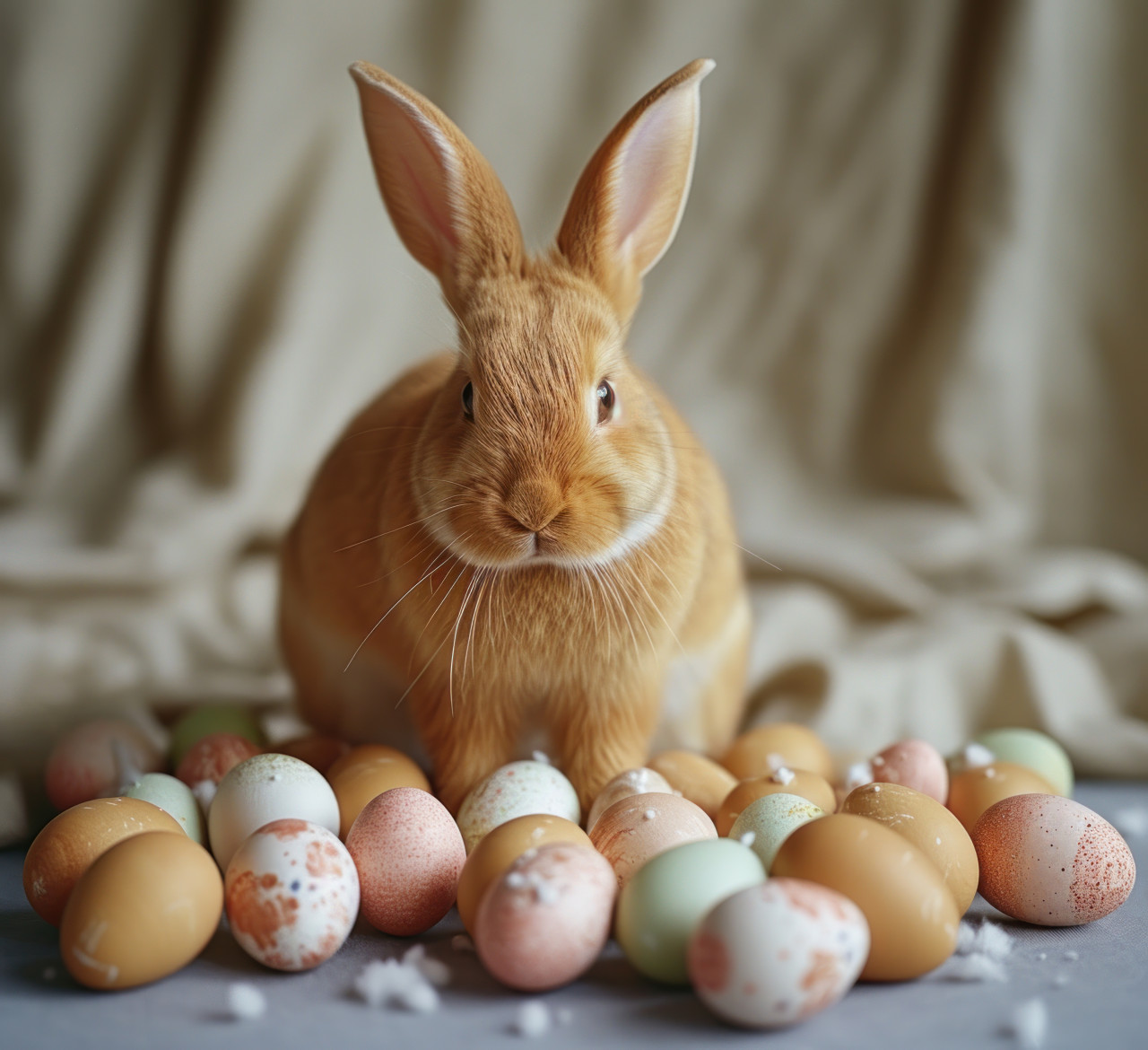 Cute bunny sitting by a pile of colorful easter eggs creating an adorable scene for the holiday celebration, easter bunny image
