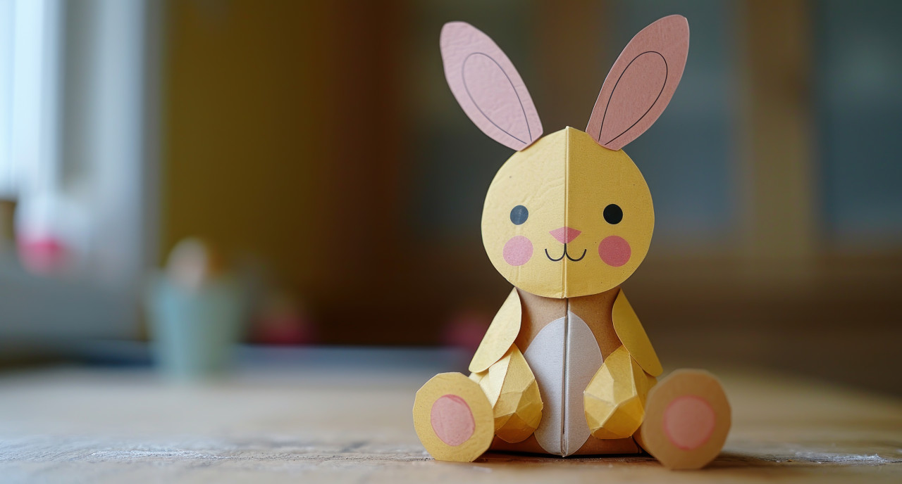 Paper easter bunny on wooden table, easter crafts concept