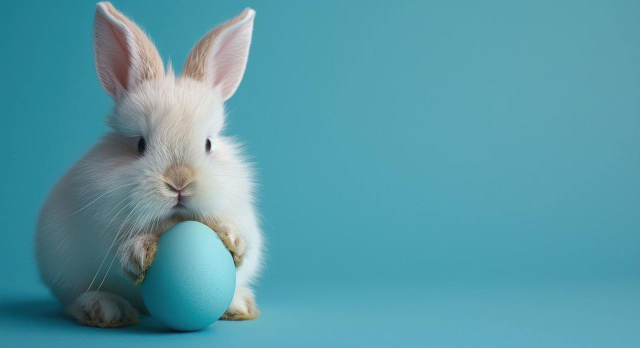 Cute white bunny holding a blue egg on a vibrant blue background, easter bunny concept
